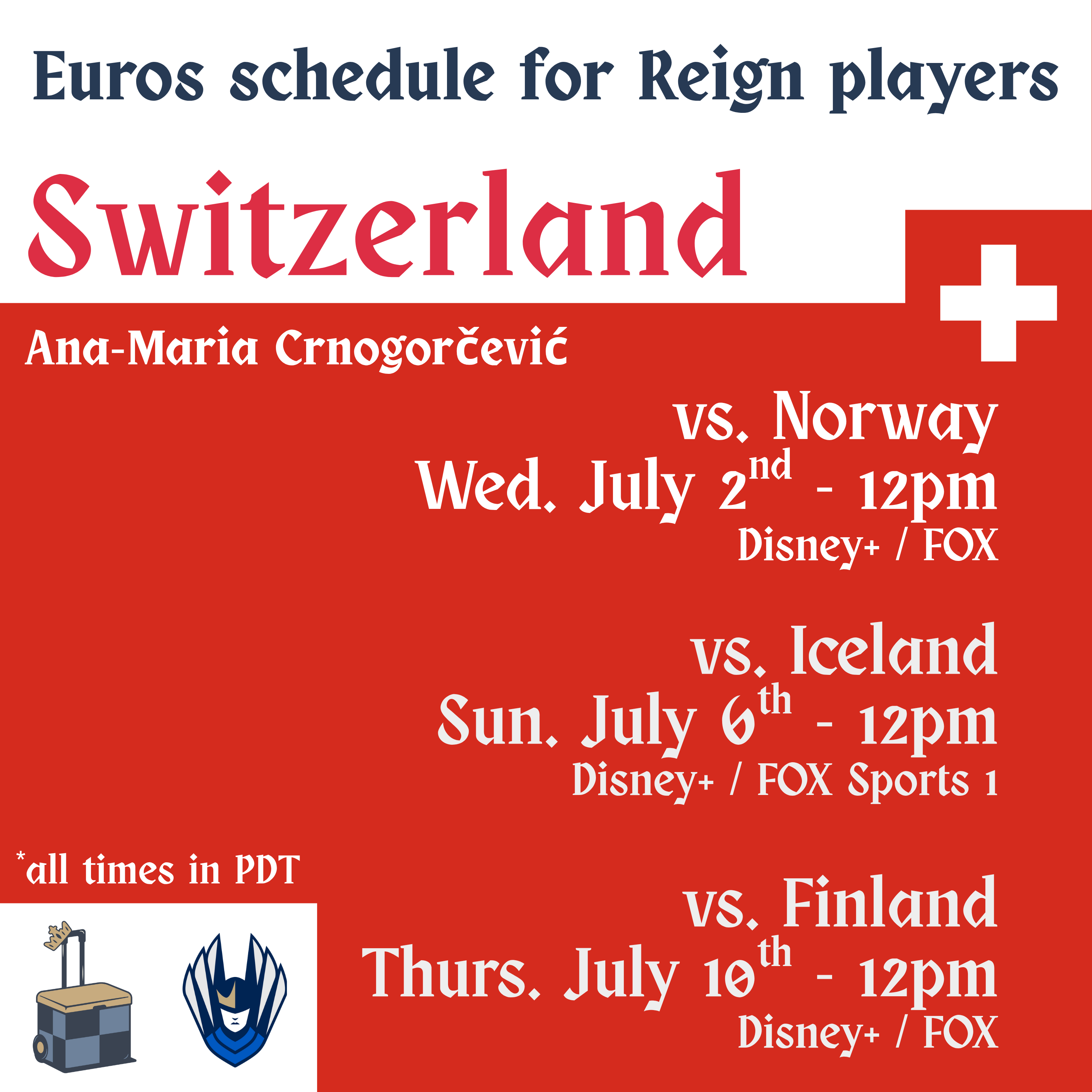 Switzerland's UEFA Women's Euro matches: July 2 vs Norway, 12 p.m. PT, Disney+ and FOX; July 6 vs. Iceland, 12 p.m. PT, Disney+ and FS1; July 10 vs. Findland, 12 p.m. PT, Disney+ and FOX