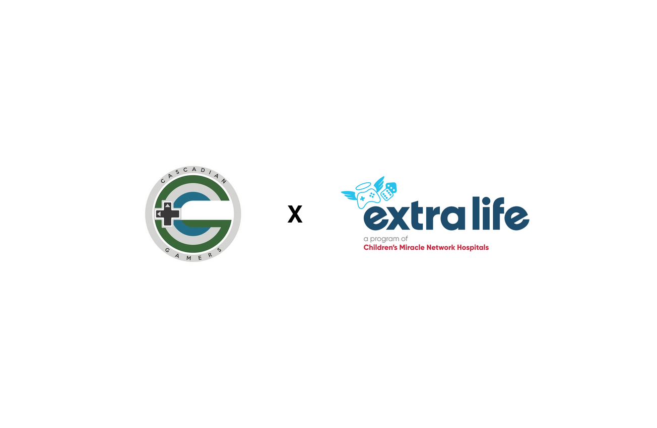 Cascadian Gamers logo (left) x Extra Life - a program of Children's Miracle Network Hospitals logo (right)