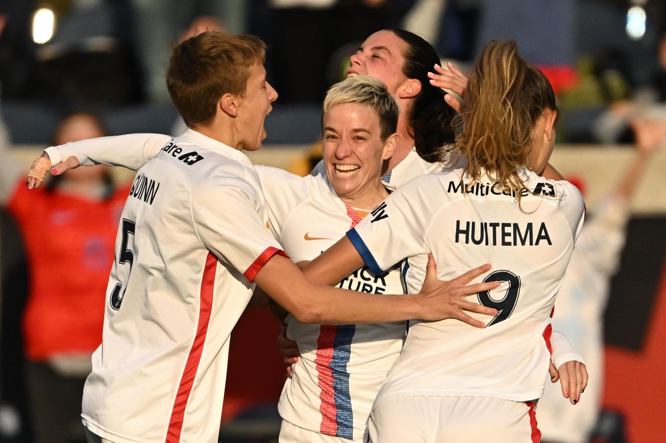 OL Reign players celebrate a goal by Megan Rapinoe against Chicago on Oct 15, 2023.