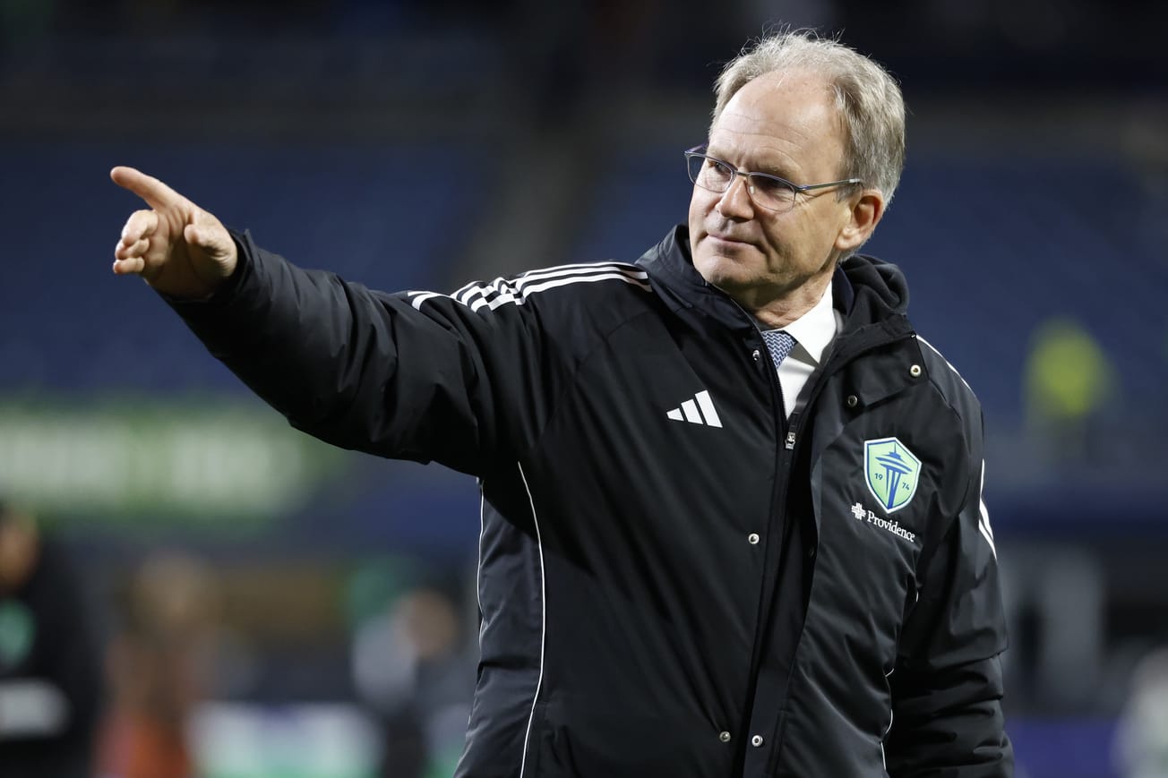 Sounders FC head coach Brian Schmetzer gestures during his team's 5-0 win over Montreal in April 2024.