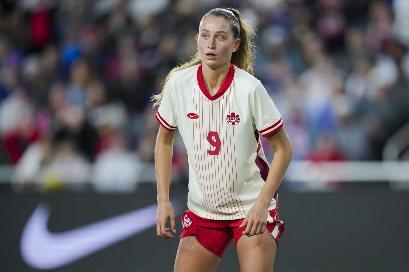 Jordyn Huitema of Canada faces off against the USWNT in a SheBelieves Cup game on April 9, 2024.