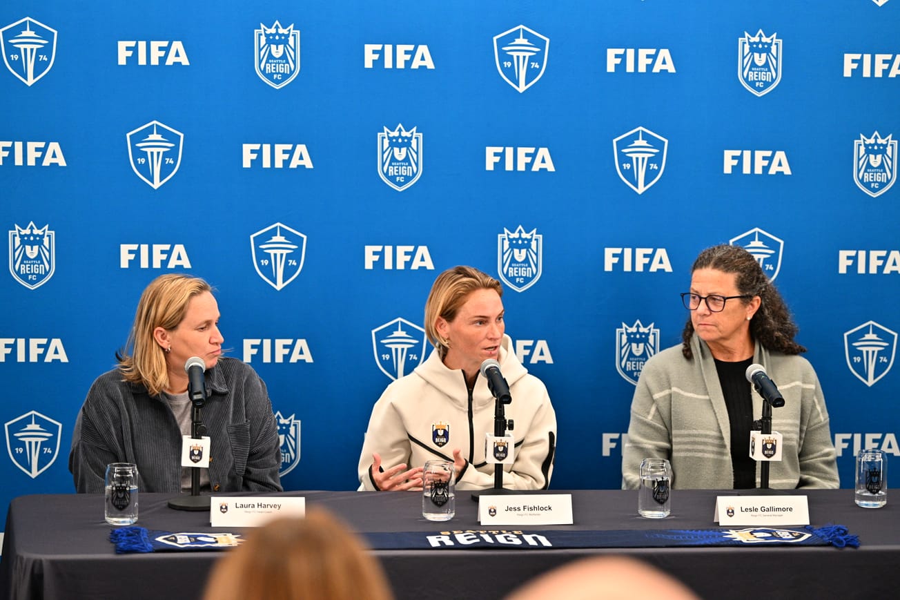 Laura Harvey, Jess Fishlock, and Lesle Gallimore speak with media at Seattle Reign FC end of season press conference
