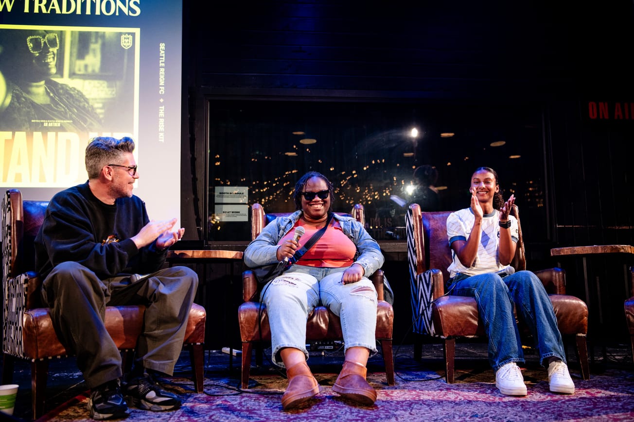 Filmmaker Jason Bergh, musician Brittany Davis and Reign defender Ryanne Brown at the anthem unveiling event.
