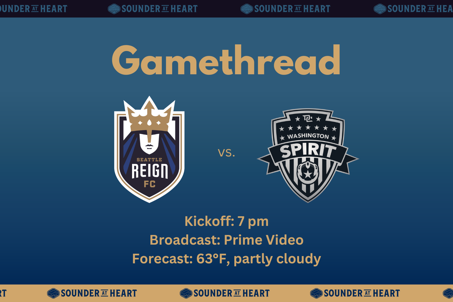 Reign versus Spirit gamethread graphic, showing kickoff at 7 p.m. Pacific Time, broadcast on Prime Video, and a forecast of 63 degrees and partly cloudy at kickoff.
