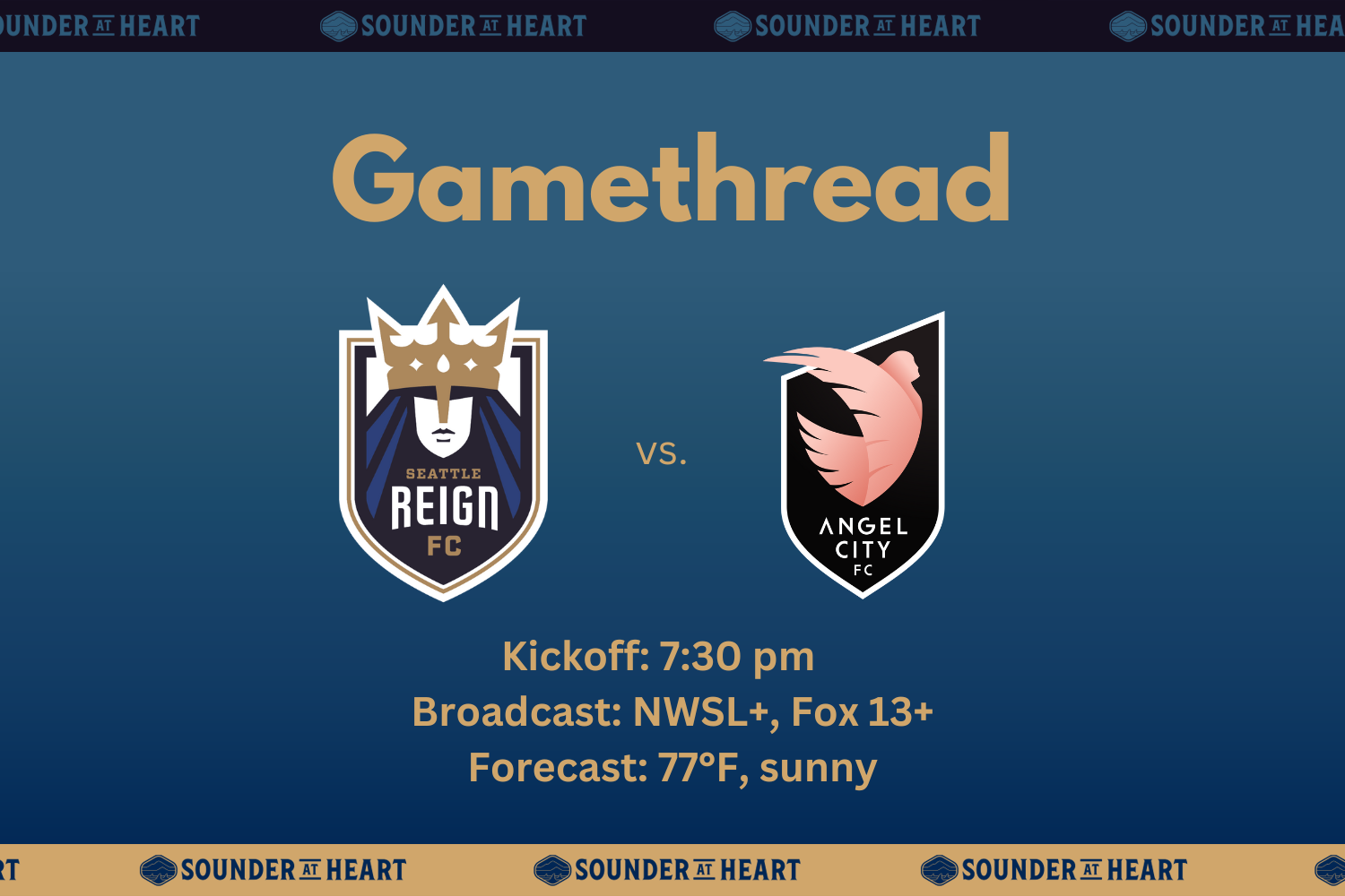 Gamethread graphic for Seattle Reign vs. Angel City, kickoff: 7:30 PM Pacific time, broadcast on NWSL+ and Fox13+, forecast 77°F and sunny