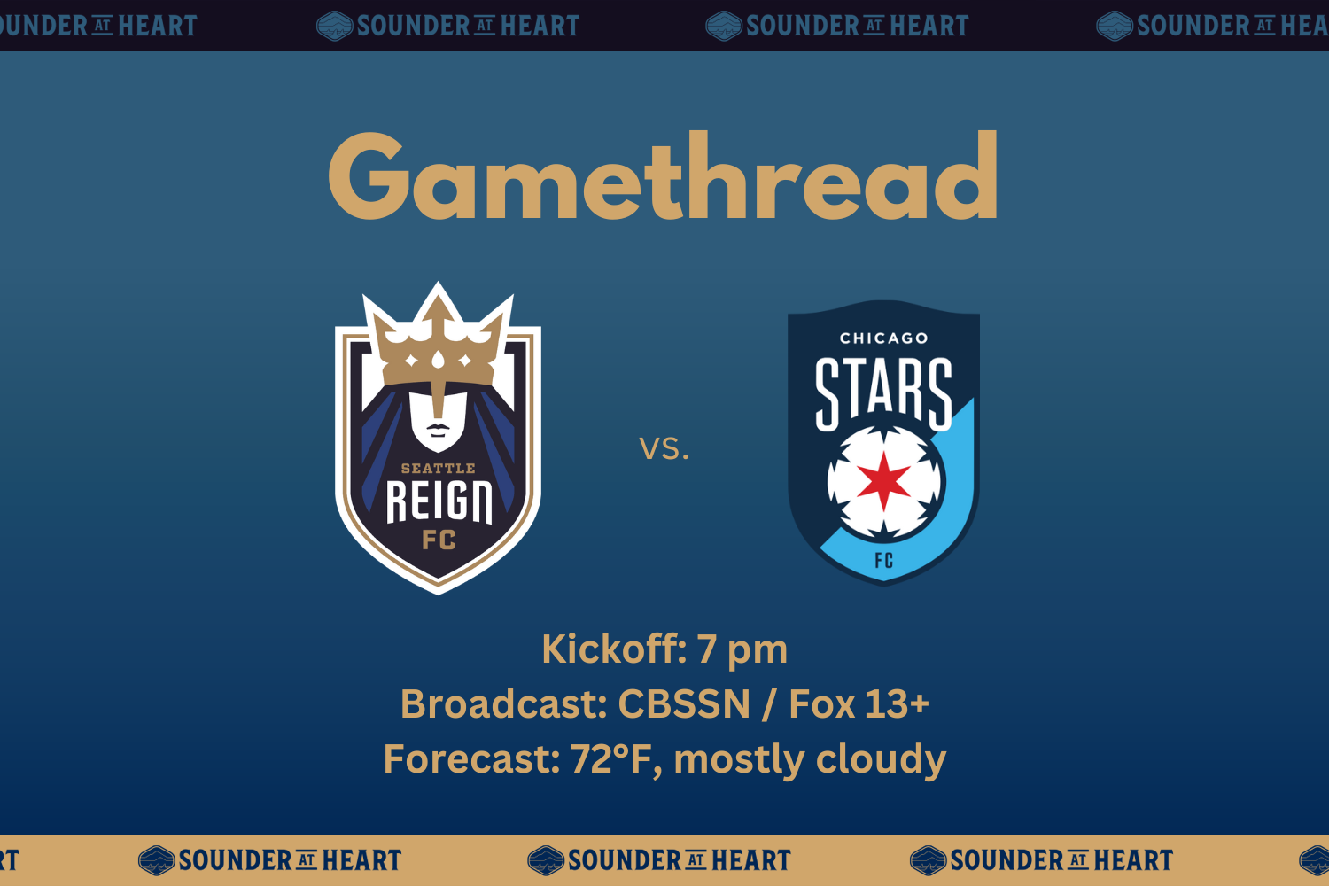 Reign vs. Chicago Stars game thread graphic, showing kickoff at 7 pm Pacific Time, broadcast on CBS Sports Network and Fox 13 plus, and a forecast of 72 degrees and mostly cloudy at kickoff. 