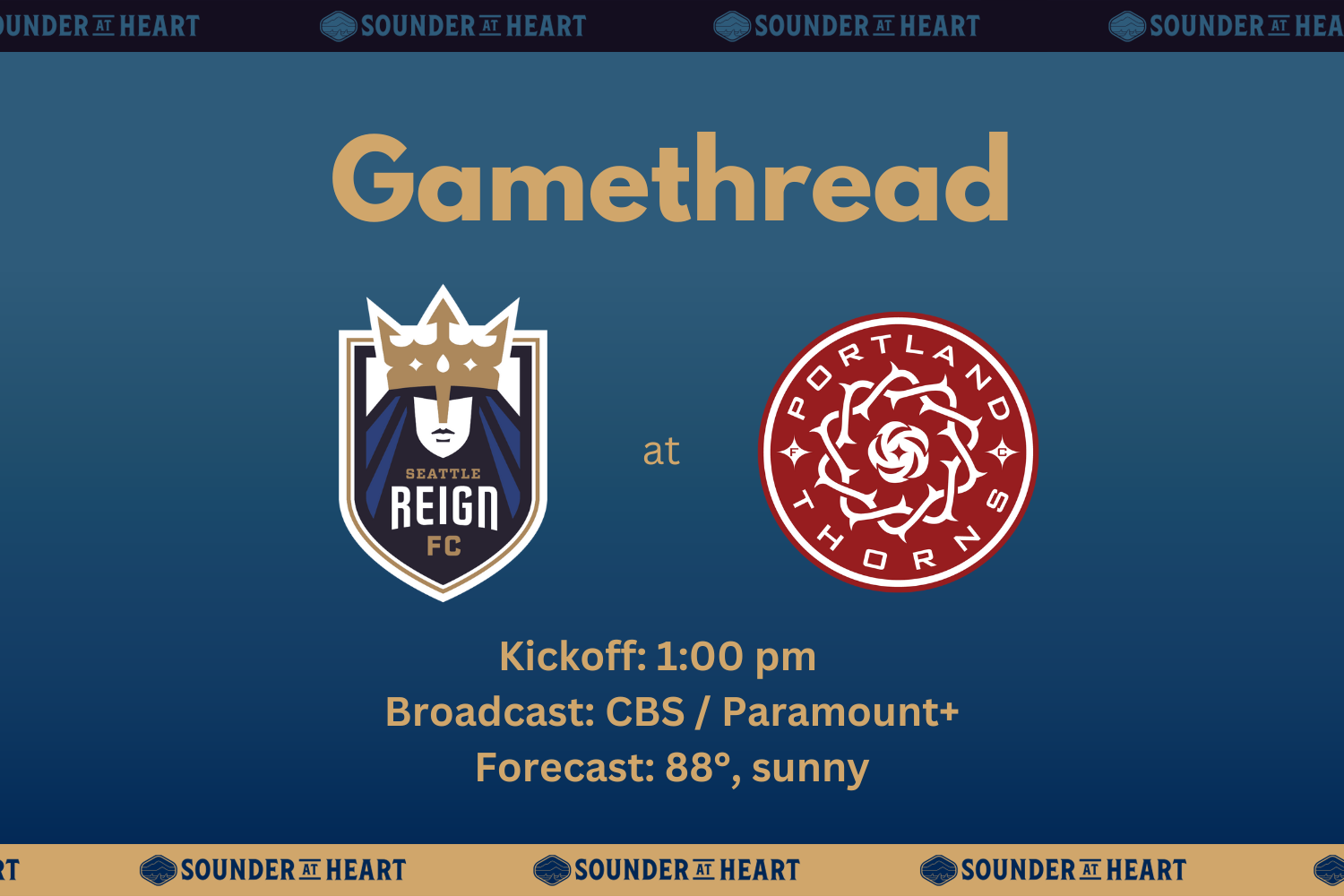Reign at Thorns gamethread graphic, noting 1 PM Pacific kickoff time, broadcast options of CBS or Paramount+, and a forecast of 88 degrees Fahrenheit and sunny at kickoff.