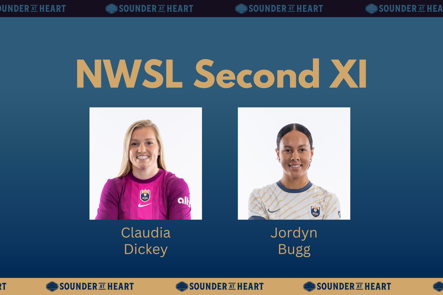 NWSL Second XI graphic with headshots of goalkeeper Claudia Dickey and defender Jordyn Bugg.