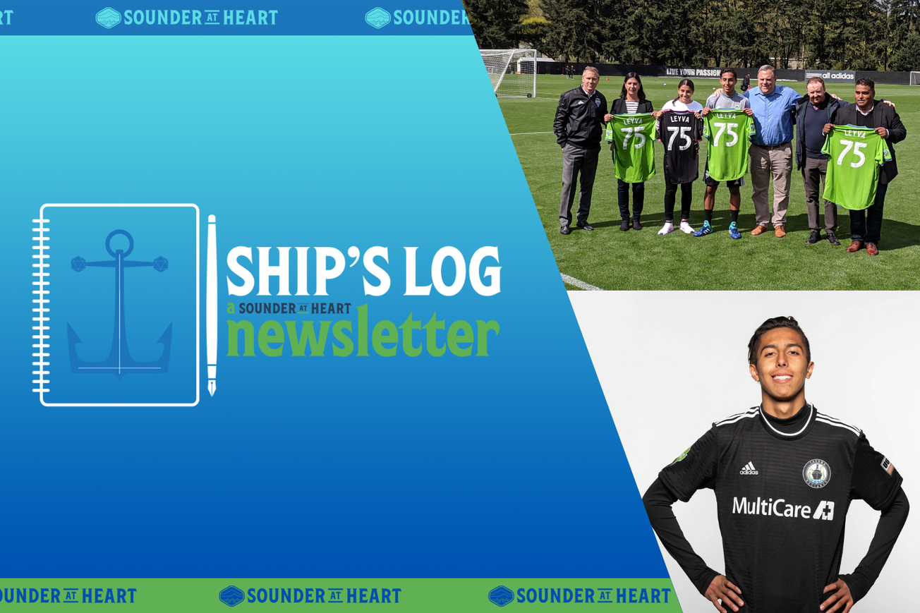 Ships Log logo with a photo of the Leyva family when Danny first signed for the first-team, and a roster photo from his time at Tacoma.