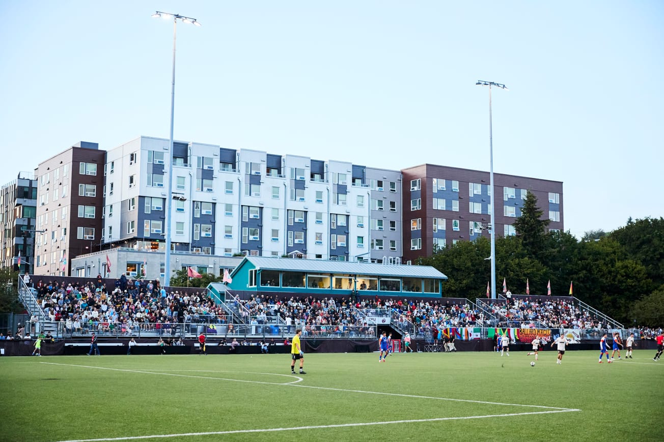The stand on the north side of Interbay stadium full of fans for a playoff match against Ventura County FC
