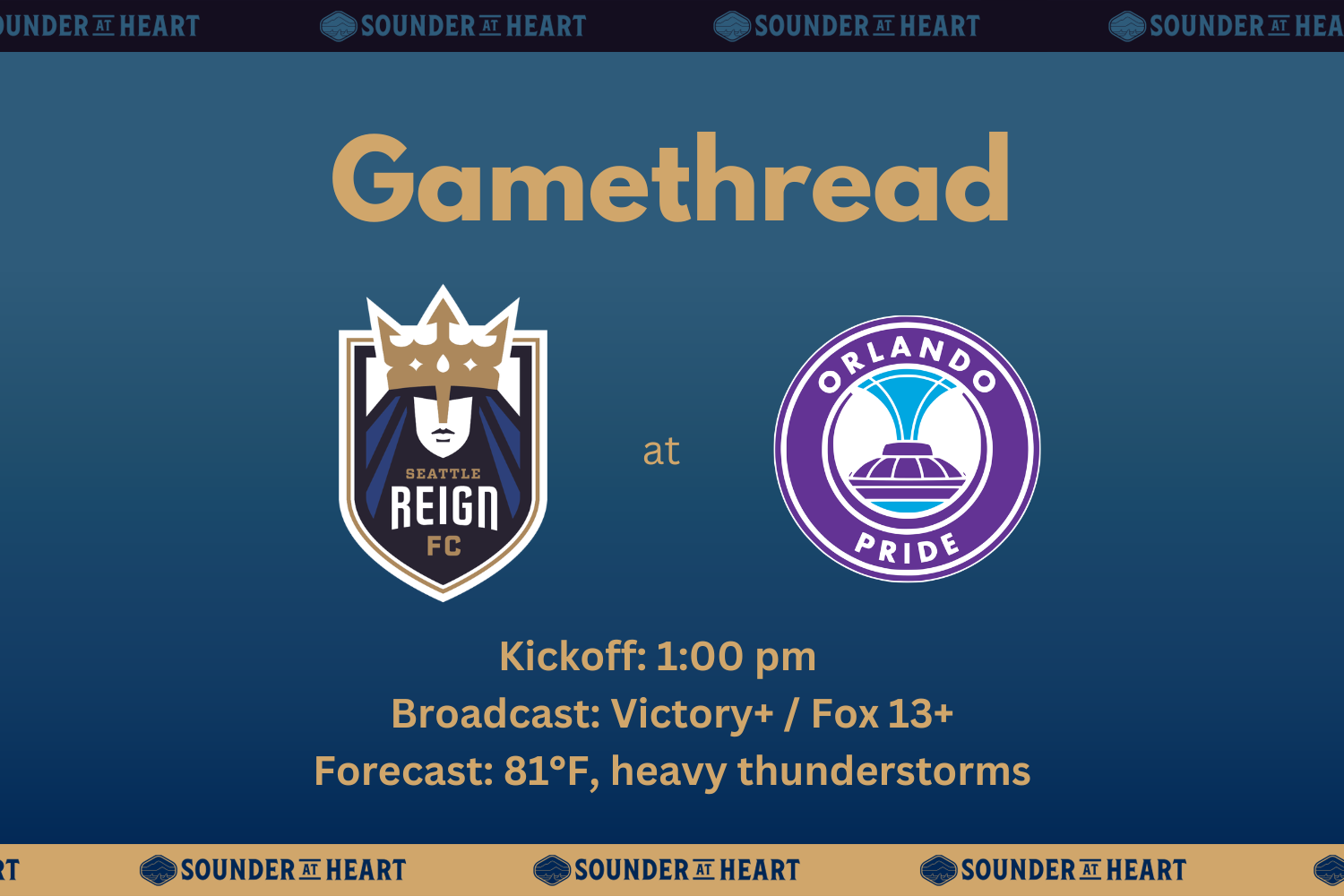 Reign at Pride gamethread graphic, with kickoff scheduled for 1 PM Pacific, broadcast options on Victory Plus and Fox 13 Plus, and a forecast at kickoff of 81 degrees and heavy thunderstorms.