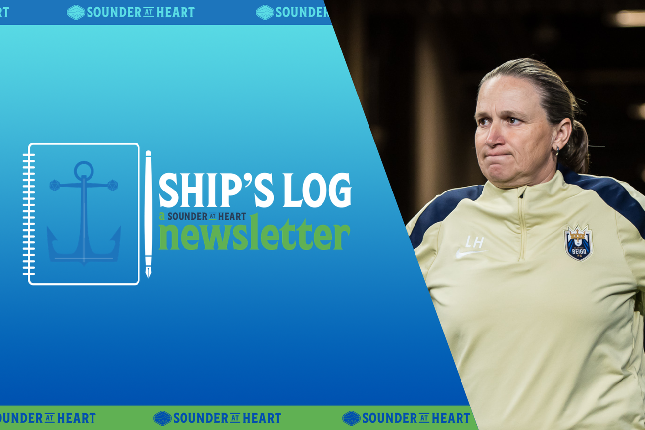 The Sounder at Heart Ship’s Log Newsletter graphic, with a photo of Laura Harvey coming onto the field ahead of an Oct 2025 Seattle Reign game.