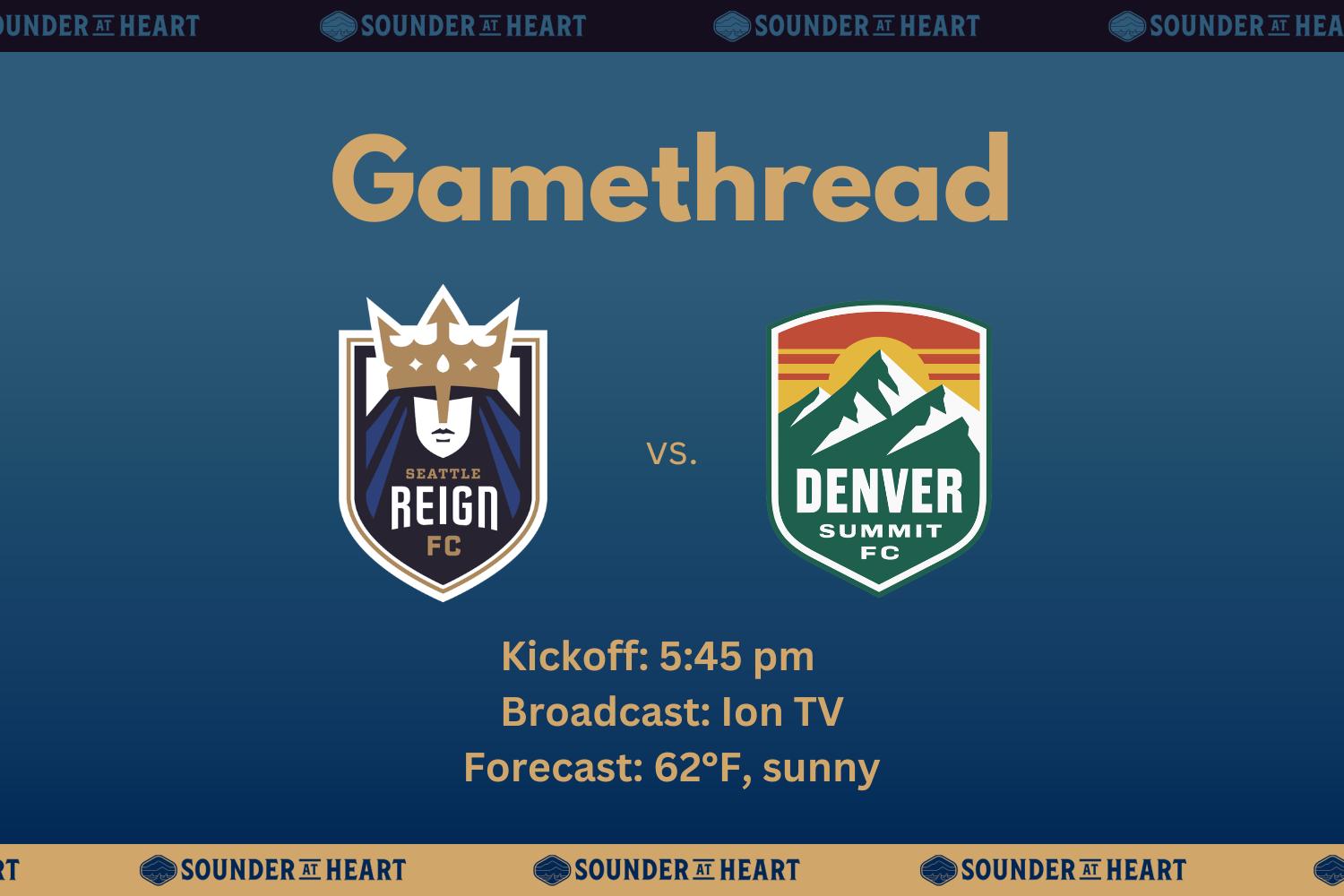 Reign vs Summit gamethread. Kickoff at 5:45 PM Pacific, broadcast on ION TV, and a forecast of 62 degrees and sunny.
